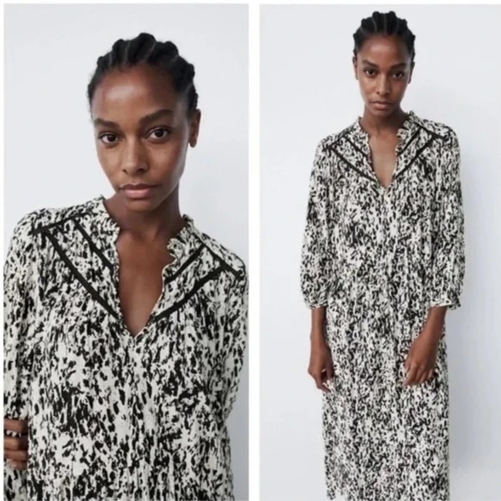 Zara Splatter Paint Midi Shirt Dress Lace Inserts Flowy Boho 9878/071 M TIK-TOK
